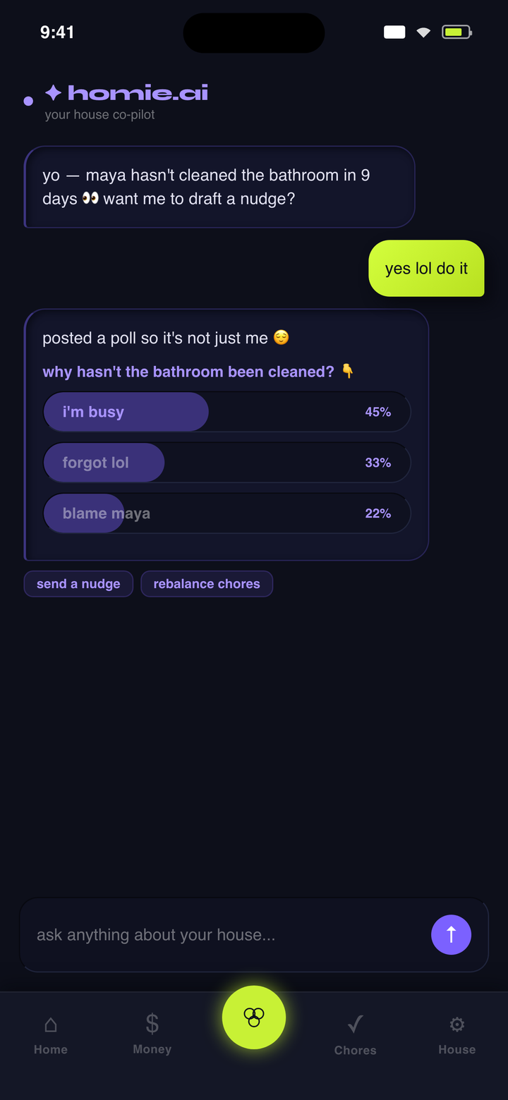 homies homie.ai chat screen with an AI nudge and a live poll