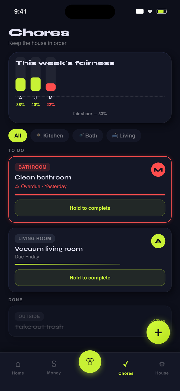 homies Chores screen with the Petty Meter fairness bars and chore cards